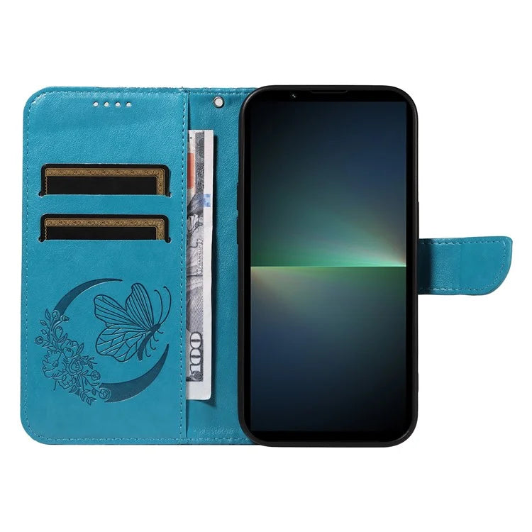 For Sony Xperia 5 V Case Butterfly Imprint Leather Wallet Phone Cover with Strap