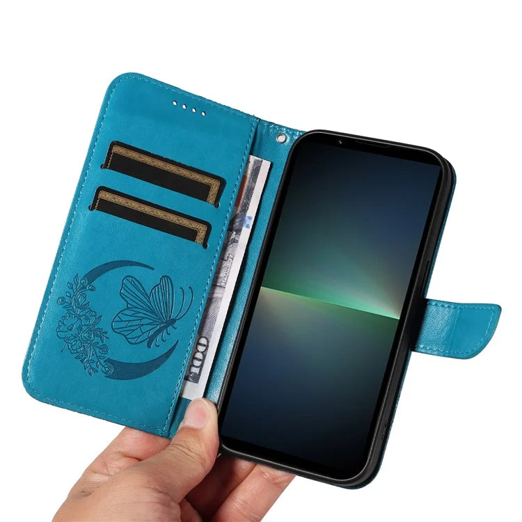 For Sony Xperia 5 V Case Butterfly Imprint Leather Wallet Phone Cover with Strap
