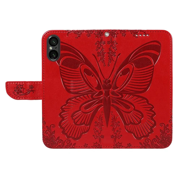 For Sony Xperia 5 V Case Butterfly Imprint Leather Wallet Phone Cover with Strap