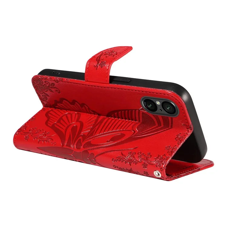 For Sony Xperia 5 V Case Butterfly Imprint Leather Wallet Phone Cover with Strap