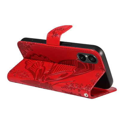 For Sony Xperia 5 V Case Butterfly Imprint Leather Wallet Phone Cover with Strap