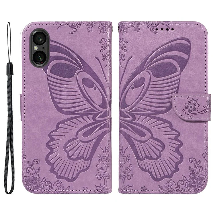 For Sony Xperia 5 V Case Butterfly Imprint Leather Wallet Phone Cover with Strap