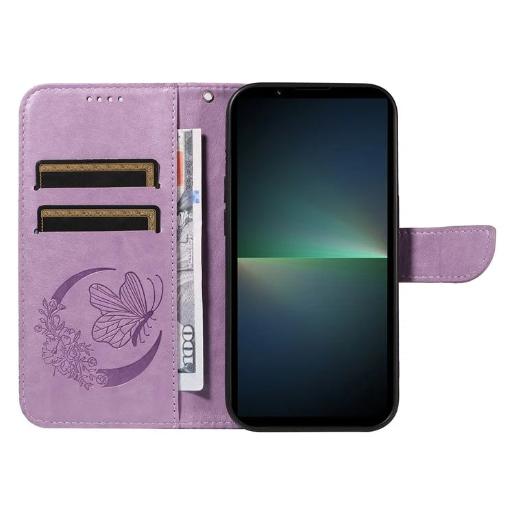 For Sony Xperia 5 V Case Butterfly Imprint Leather Wallet Phone Cover with Strap