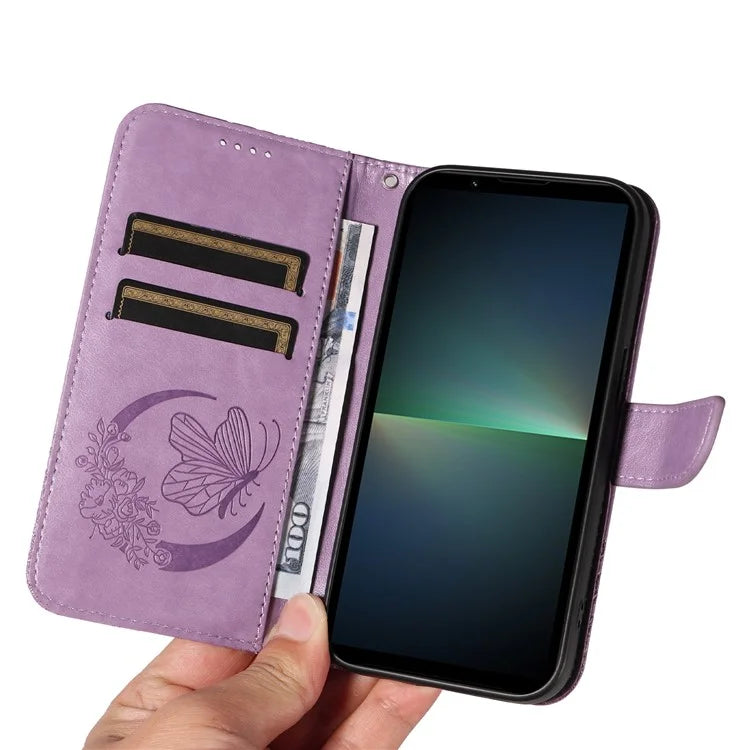 For Sony Xperia 5 V Case Butterfly Imprint Leather Wallet Phone Cover with Strap