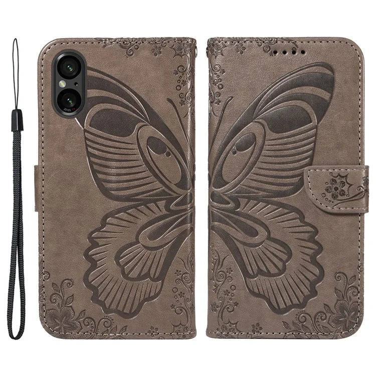 For Sony Xperia 5 V Case Butterfly Imprint Leather Wallet Phone Cover with Strap