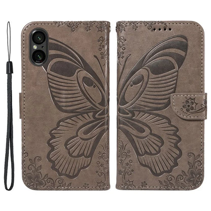 For Sony Xperia 5 V Case Butterfly Imprint Leather Wallet Phone Cover with Strap