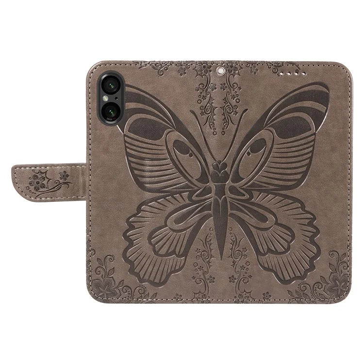 For Sony Xperia 5 V Case Butterfly Imprint Leather Wallet Phone Cover with Strap