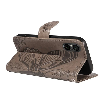 For Sony Xperia 5 V Case Butterfly Imprint Leather Wallet Phone Cover with Strap