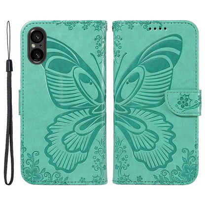 For Sony Xperia 5 V Case Butterfly Imprint Leather Wallet Phone Cover with Strap