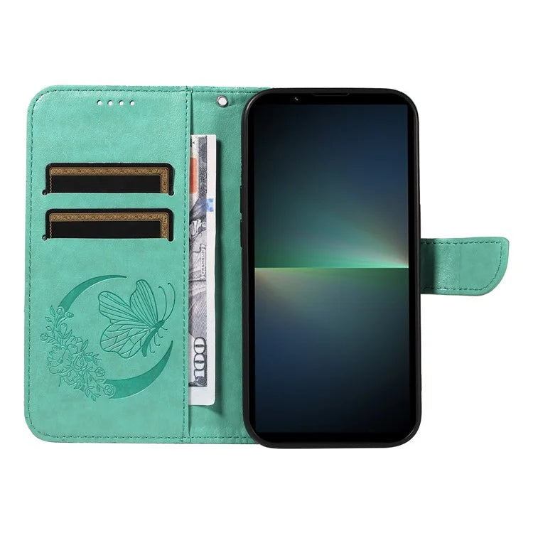 For Sony Xperia 5 V Case Butterfly Imprint Leather Wallet Phone Cover with Strap