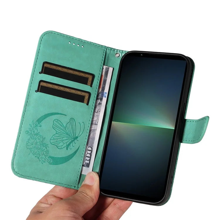 For Sony Xperia 5 V Case Butterfly Imprint Leather Wallet Phone Cover with Strap