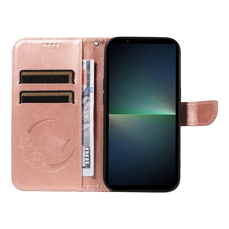 For Sony Xperia 5 V Case Butterfly Imprint Leather Wallet Phone Cover with Strap