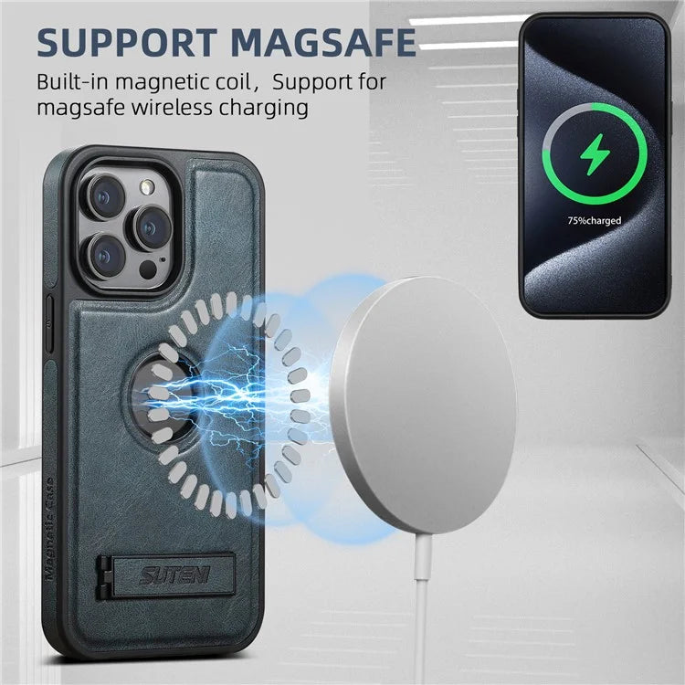 SUTENI G2 For iPhone 13 Pro Max Case Waxy Texture Leather Magnetic Back Cover Kickstand