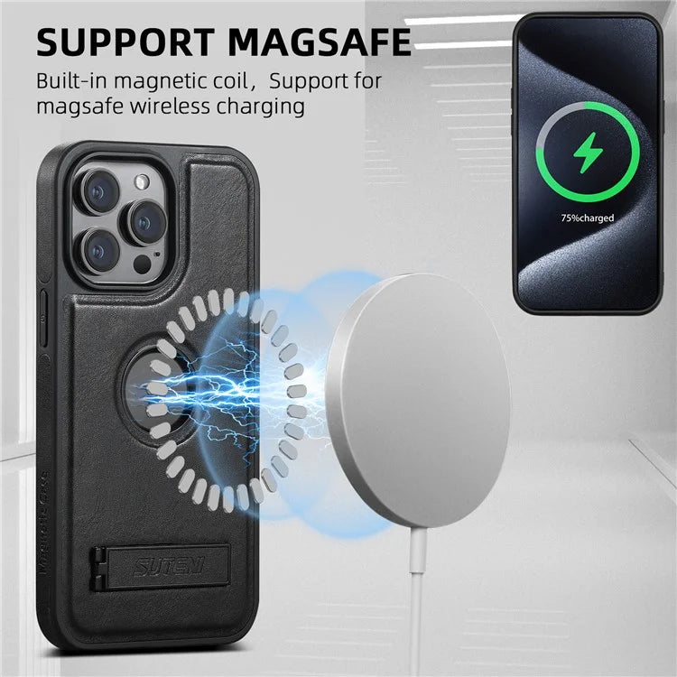 SUTENI G2 For iPhone 13 Pro Max Case Waxy Texture Leather Magnetic Back Cover Kickstand