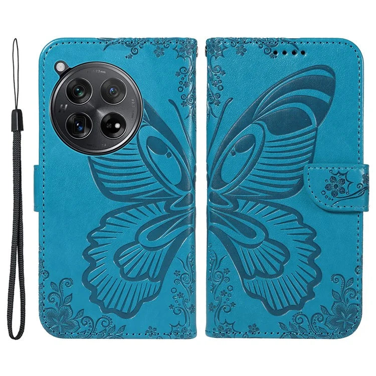 For OnePlus 12 5G Case Butterfly Imprint Leather Wallet Phone Cover with Strap