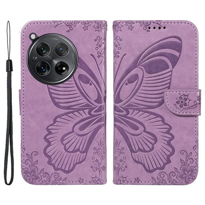 For OnePlus 12 5G Case Butterfly Imprint Leather Wallet Phone Cover with Strap