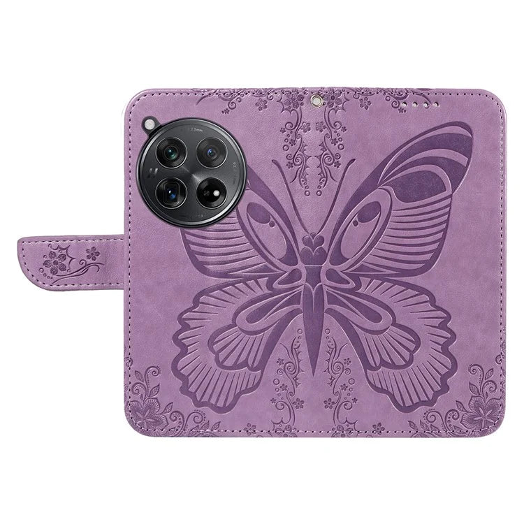 For OnePlus 12 5G Case Butterfly Imprint Leather Wallet Phone Cover with Strap