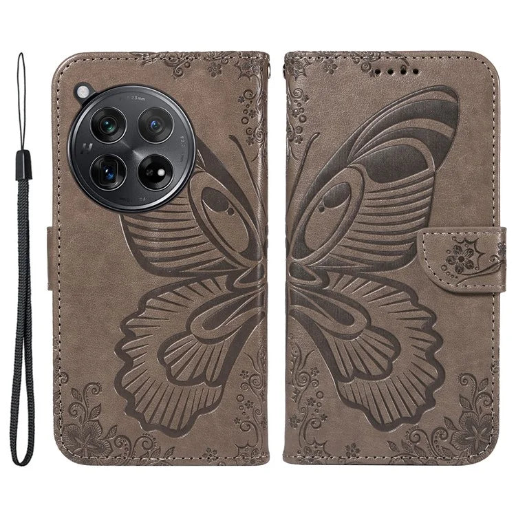 For OnePlus 12 5G Case Butterfly Imprint Leather Wallet Phone Cover with Strap