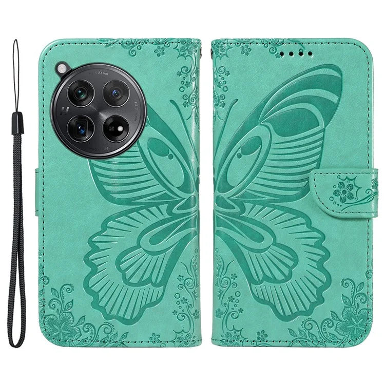 For OnePlus 12 5G Case Butterfly Imprint Leather Wallet Phone Cover with Strap