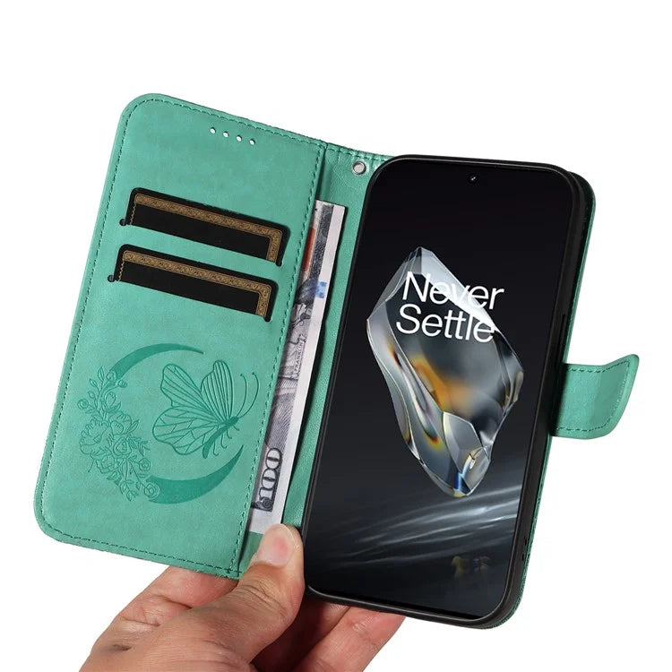 For OnePlus 12 5G Case Butterfly Imprint Leather Wallet Phone Cover with Strap