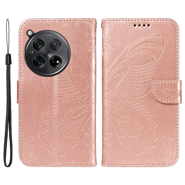 For OnePlus 12 5G Case Butterfly Imprint Leather Wallet Phone Cover with Strap
