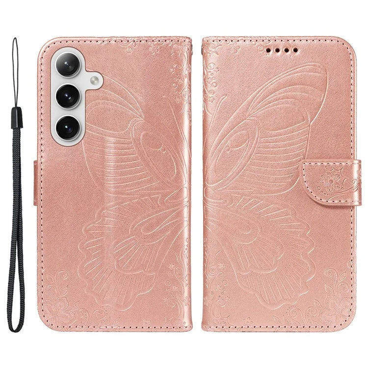 For Samsung Galaxy S24 Case Butterfly Imprint Leather Wallet Phone Cover with Strap