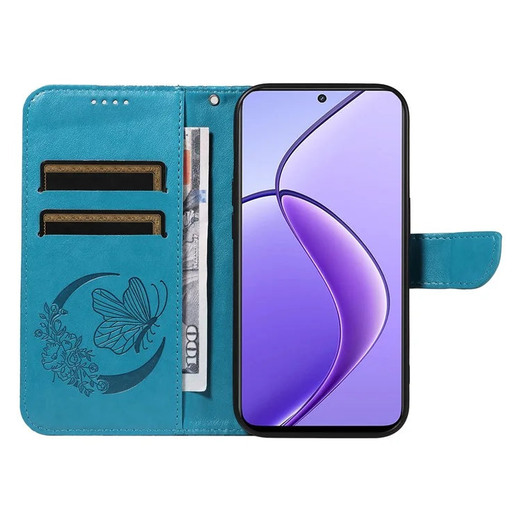 For Realme 12 5G Phone Stand Case Butterfly Imprint Leather Wallet Phone Cover with Strap