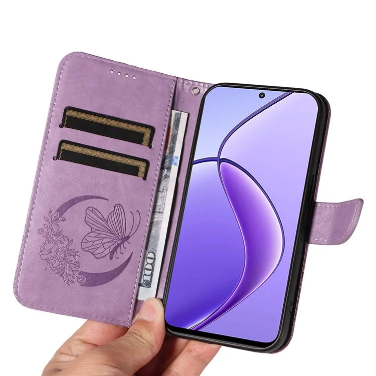For Realme 12 5G Phone Stand Case Butterfly Imprint Leather Wallet Phone Cover with Strap