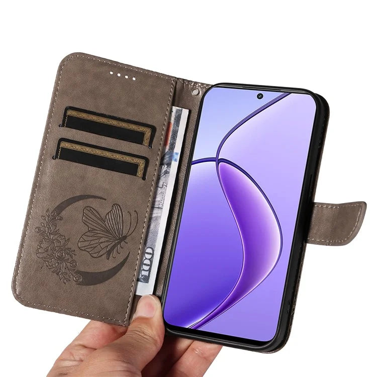 For Realme 12 5G Phone Stand Case Butterfly Imprint Leather Wallet Phone Cover with Strap