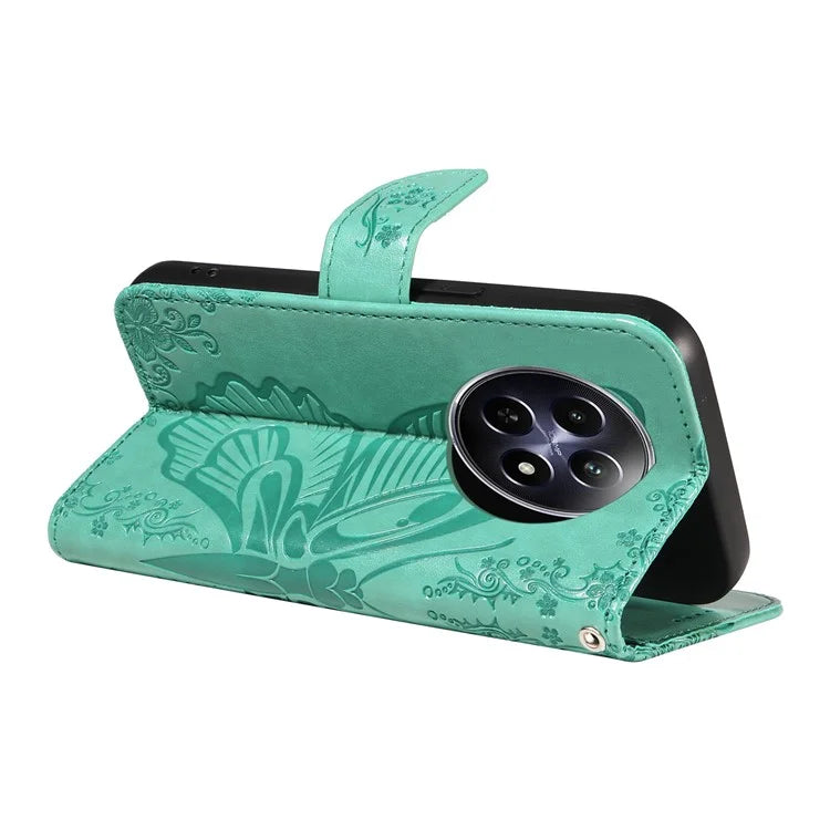 For Realme 12 5G Phone Stand Case Butterfly Imprint Leather Wallet Phone Cover with Strap
