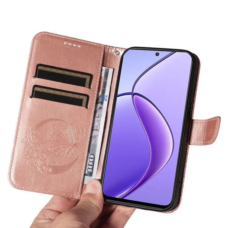 For Realme 12 5G Phone Stand Case Butterfly Imprint Leather Wallet Phone Cover with Strap