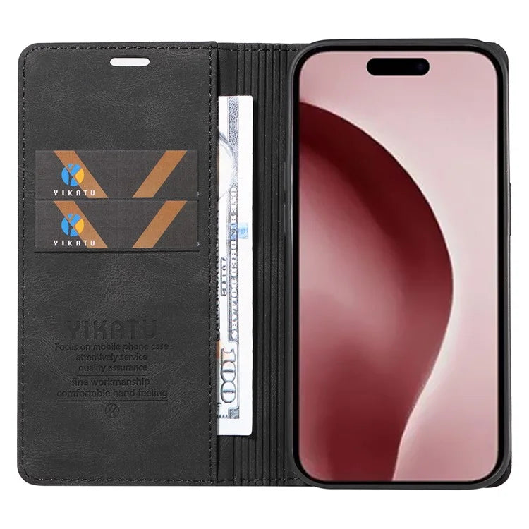 YIKATU YK-004 For iPhone 16 Pro Case Leather Phone Cover Magnetic Absorption Stand Function
