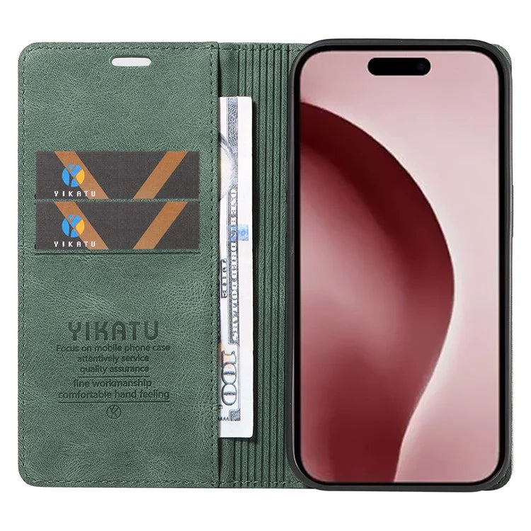 YIKATU YK-004 For iPhone 16 Pro Case Leather Phone Cover Magnetic Absorption Stand Function