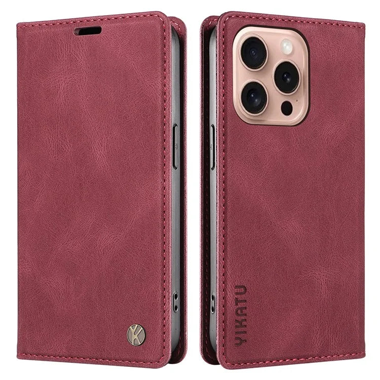 YIKATU YK-004 For iPhone 16 Pro Case Leather Phone Cover Magnetic Absorption Stand Function