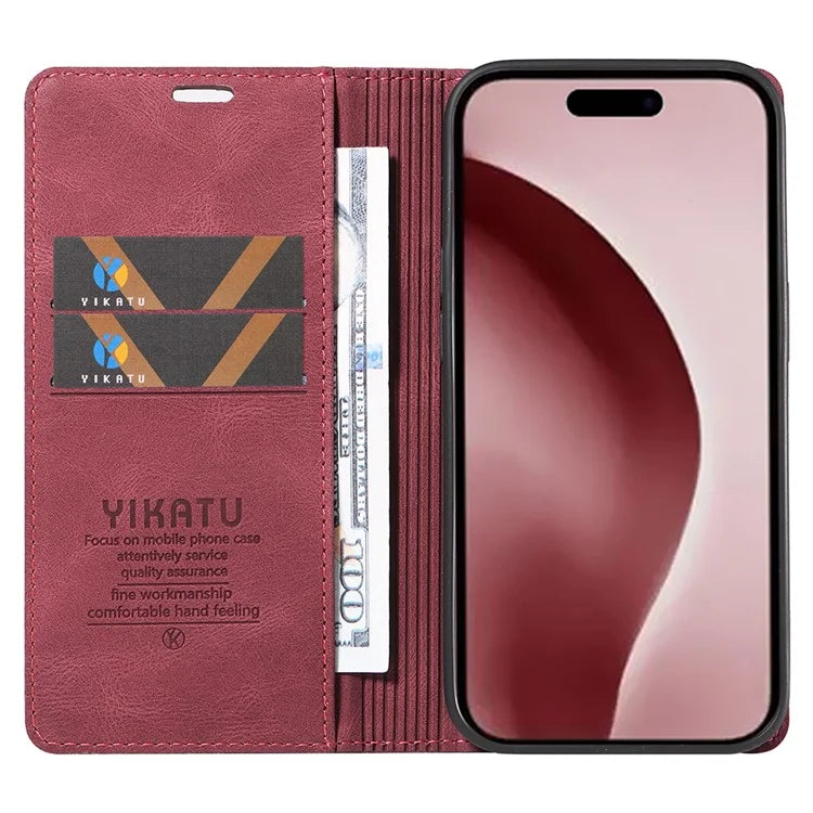 YIKATU YK-004 For iPhone 16 Pro Case Leather Phone Cover Magnetic Absorption Stand Function