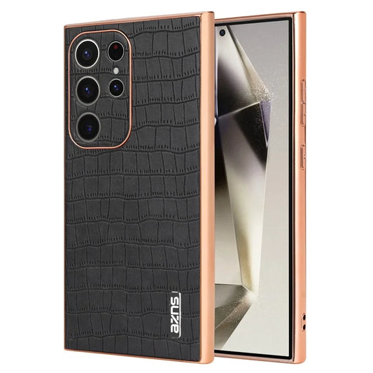 AZNS For Samsung Galaxy S22 Ultra 5G Case Crocodile Pattern Electroplated Leather+TPU Phone Case