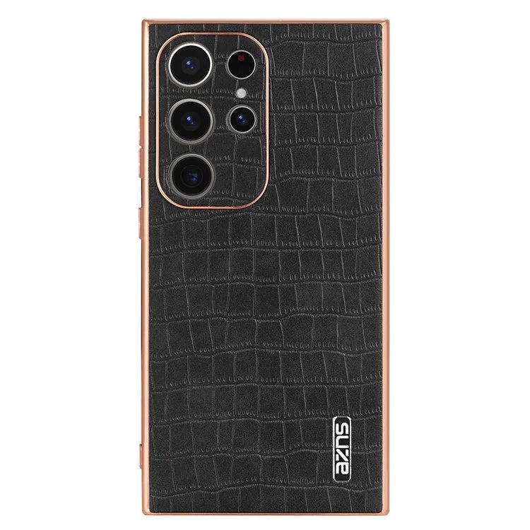 AZNS For Samsung Galaxy S22 Ultra 5G Case Crocodile Pattern Electroplated Leather+TPU Phone Case