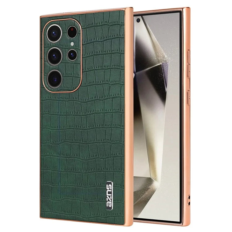 AZNS For Samsung Galaxy S22 Ultra 5G Case Crocodile Pattern Electroplated Leather+TPU Phone Case