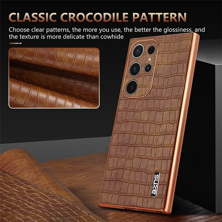 AZNS For Samsung Galaxy S22 Ultra 5G Case Crocodile Pattern Electroplated Leather+TPU Phone Case