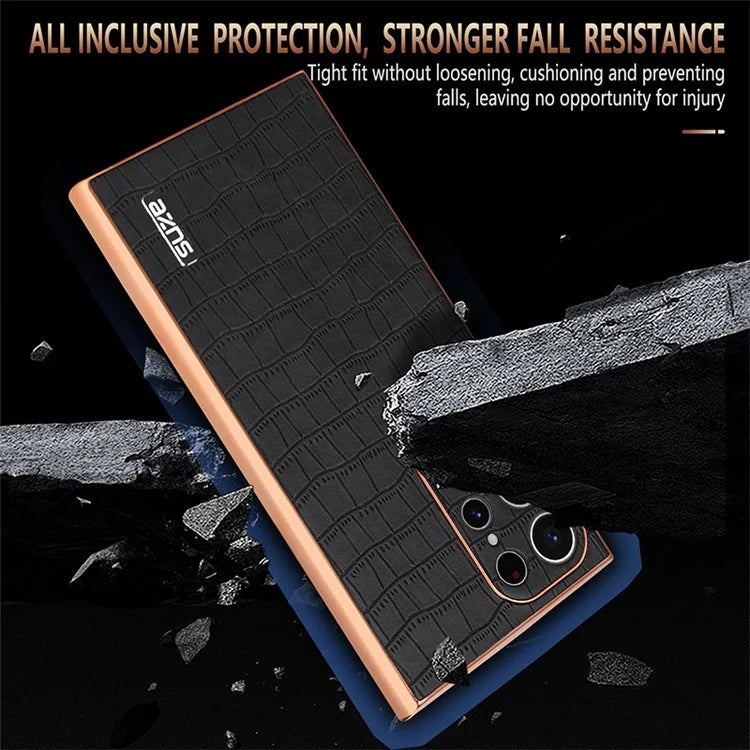 AZNS For Samsung Galaxy S22 Ultra 5G Case Crocodile Pattern Electroplated Leather+TPU Phone Case