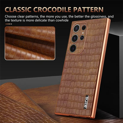 AZNS For Samsung Galaxy S22 Ultra 5G Case Crocodile Pattern Electroplated Leather+TPU Phone Case