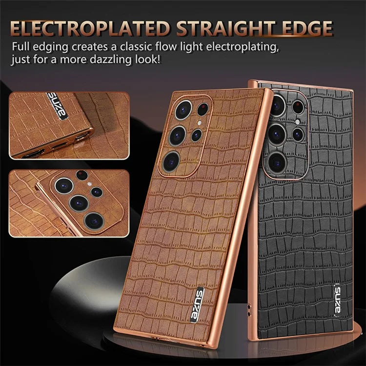 AZNS For Samsung Galaxy S23 Ultra Case Electroplated Crocodile Texture Leather+TPU Phone Cover