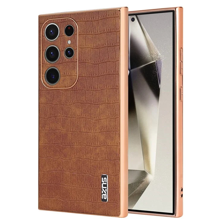 AZNS For Samsung Galaxy S23 Ultra Case Electroplated Crocodile Texture Leather+TPU Phone Cover