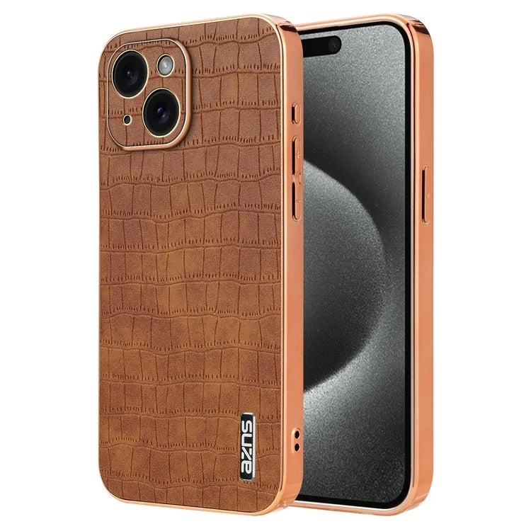 AZNS For iPhone 15 Plus Case Electroplating Frame Leather Back Cover Crocodile Pattern
