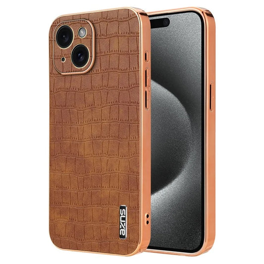 AZNS For iPhone 15 Plus Case Electroplating Frame Leather Back Cover Crocodile Pattern