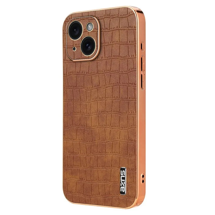 AZNS For iPhone 15 Plus Case Electroplating Frame Leather Back Cover Crocodile Pattern