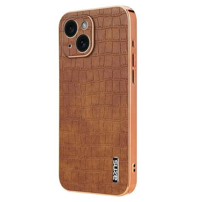 AZNS For iPhone 15 Plus Case Electroplating Frame Leather Back Cover Crocodile Pattern