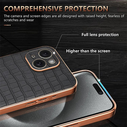 AZNS For iPhone 15 Plus Case Electroplating Frame Leather Back Cover Crocodile Pattern