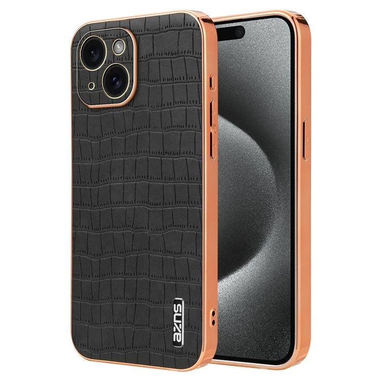 AZNS For iPhone 15 Plus Case Electroplating Frame Leather Back Cover Crocodile Pattern