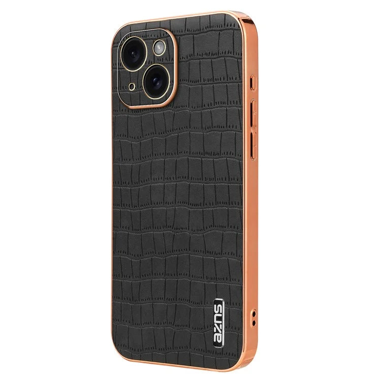 AZNS For iPhone 15 Plus Case Electroplating Frame Leather Back Cover Crocodile Pattern